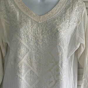 White Beaded Crinkle Cotton Long Sleeve Tunic ( India) Size 12 NWOT